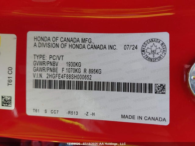 2HGFE4F88SH000652 Honda lfc3