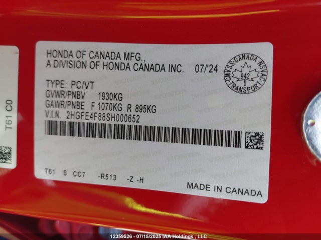 2HGFE4F88SH000652 Honda lfc3