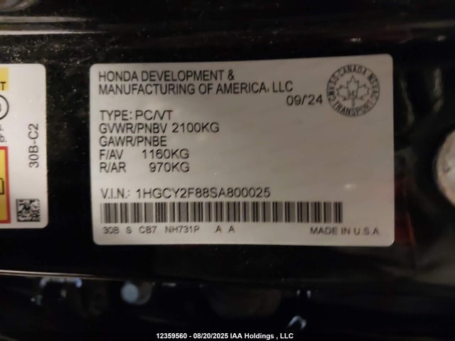 Honda lfc5 2025 1HGCY2F88SA800025 Image 9
