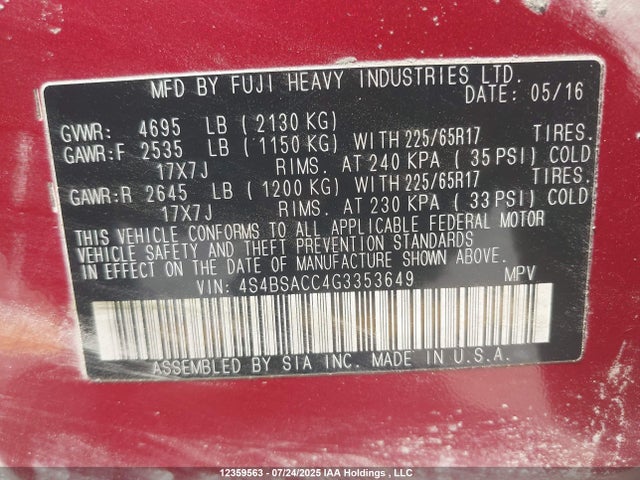 4S4BSACC4G3353649 Subaru 2.5l u5