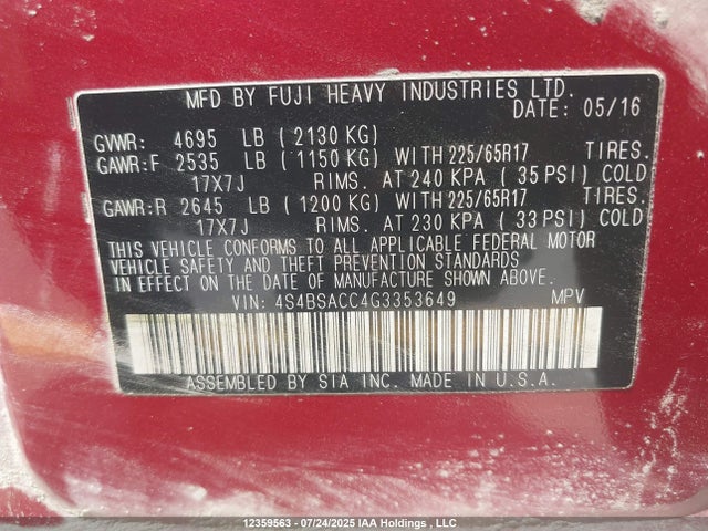 4S4BSACC4G3353649 Subaru 2.5l u5
