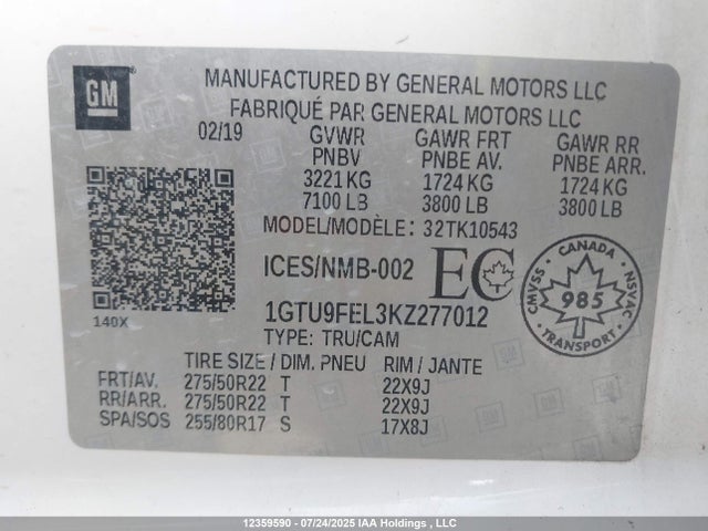 1GTU9FEL3KZ277012 GMC l87 - di dfm, alum, gen 5