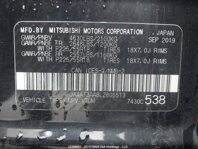 Продажа на аукционе авто 2020 Mitsubishi Eclipse, vin: JA4AT3AA8LZ605513, номер лота: 12359651
