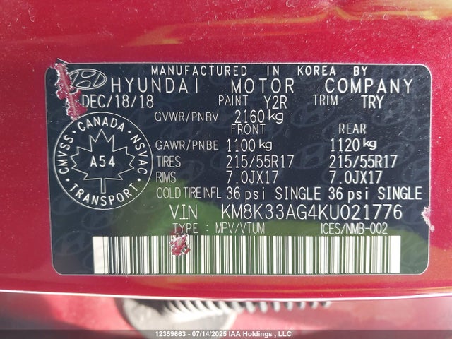KM8K33AG4KU021776 Hyundai hmc battery + traction motor