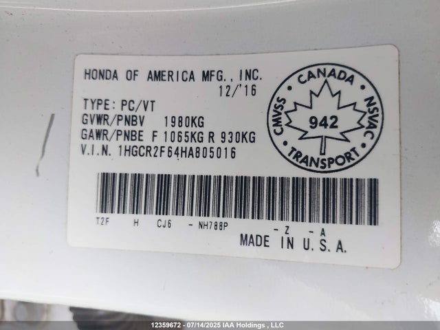 Honda k24w1 2017 1HGCR2F64HA805016 Image 9