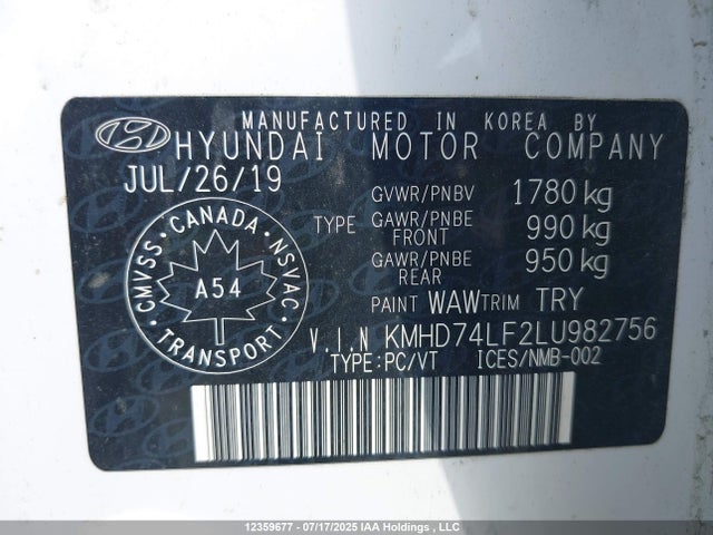 Продаж на аукціоні авто 2020 Hyundai Elantra, vin: KMHD74LF2LU982756, номер лоту: 12359677