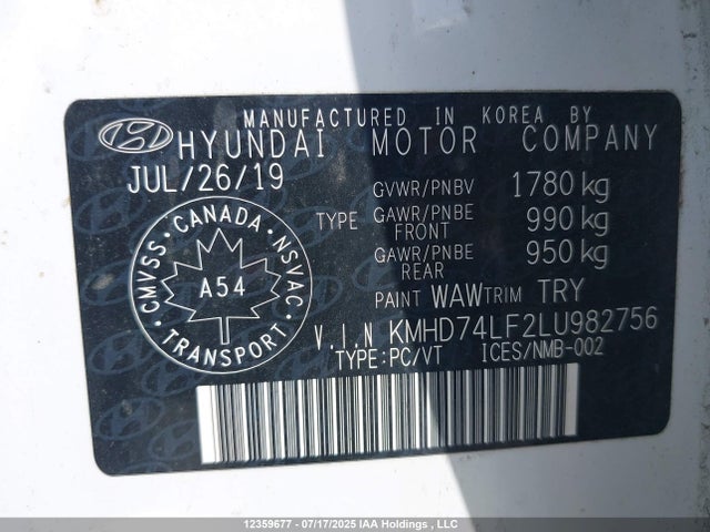 Продаж на аукціоні авто 2020 Hyundai Elantra, vin: KMHD74LF2LU982756, номер лоту: 12359677