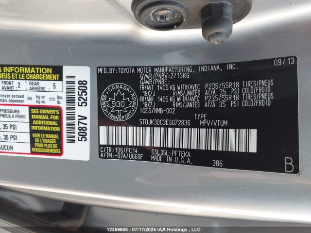 Toyota 2gr-fks 2014 5TDJK3DC3ES072836 Image 9