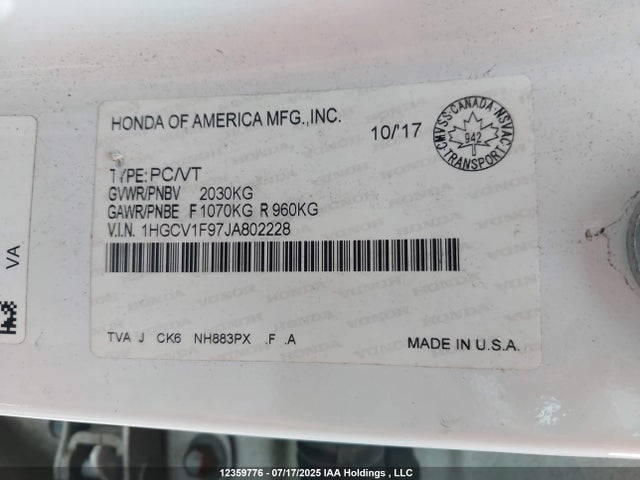 1HGCV1F97JA802228 Honda l15be