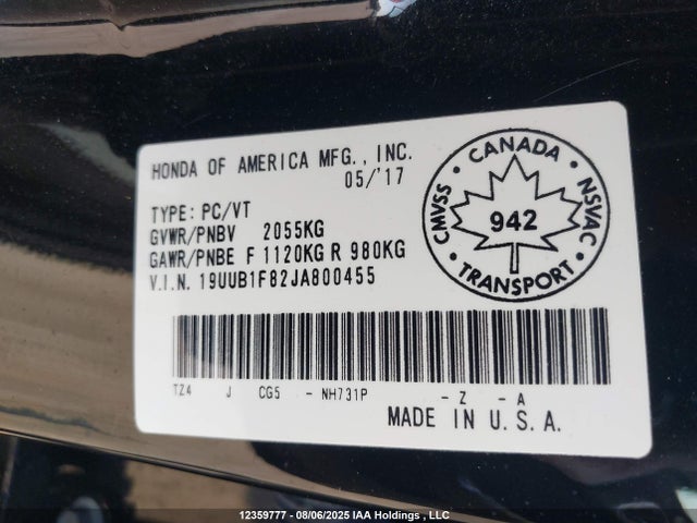 19UUB1F82JA800455 Acura k24w7