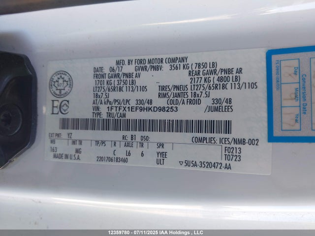 12359780 :رقم المزاد ، 1FTFX1EF9HKD98253 vin ، 2017 Ford F150 Super Cab مزاد بيع
