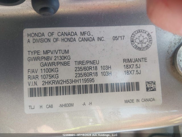 2HKRW2H53HH119595 Honda l15be