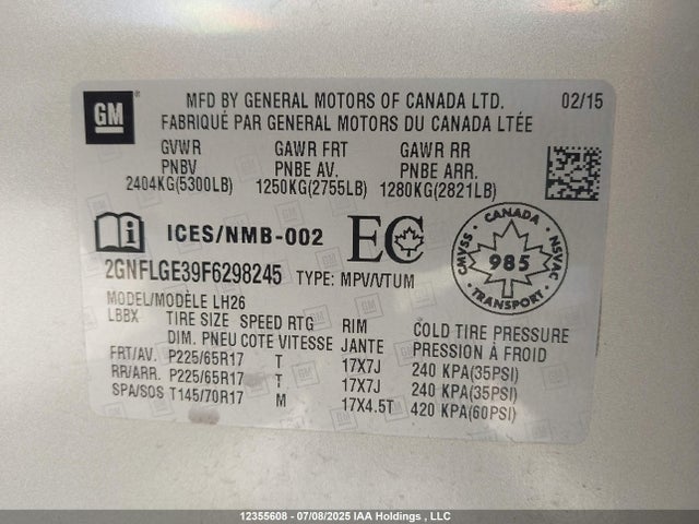 2GNFLGE39F6298245 Chevrolet lfx - sidi, vvt, e85 max, alum