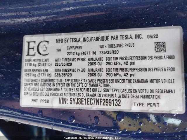 5YJ3E1EC7NF299132 Tesla MODEL 3