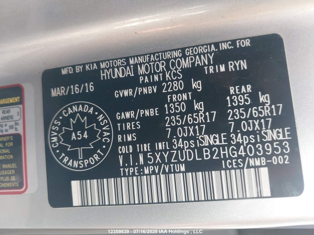 5XYZUDLB2HG403953 Hyundai gdi theta ii