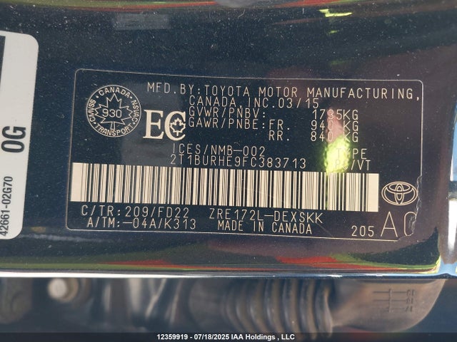 2T1BURHE9FC383713 Toyota 2zr-fe