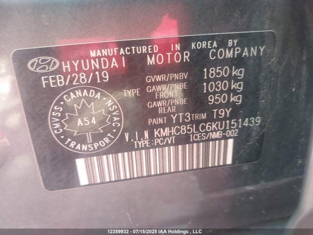 KMHC85LC6KU151439 Hyundai Ioniq