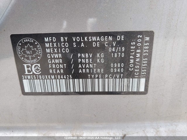 Aukcja sprzedaży 2019 Volkswagen Jetta 1.4 Tsi Highline, vin: 3VWE57BUXKM184425, numer aukcji: 12359940
