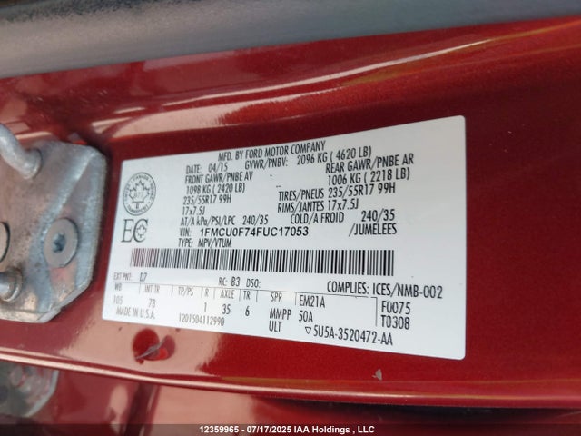2015 Ford Escape S მანქანა იყიდება აუქციონზე, vin: 1FMCU0F74FUC17053, აუქციონის ნომერი: 12359965