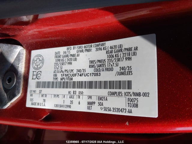 2015 Ford Escape S მანქანა იყიდება აუქციონზე, vin: 1FMCU0F74FUC17053, აუქციონის ნომერი: 12359965