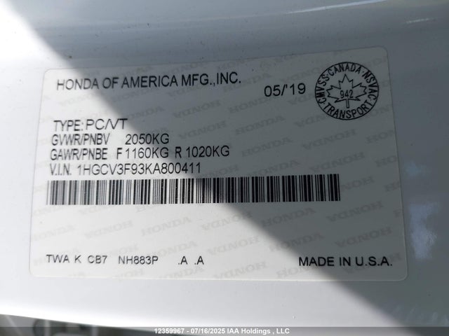1HGCV3F93KA800411 Honda lfb2