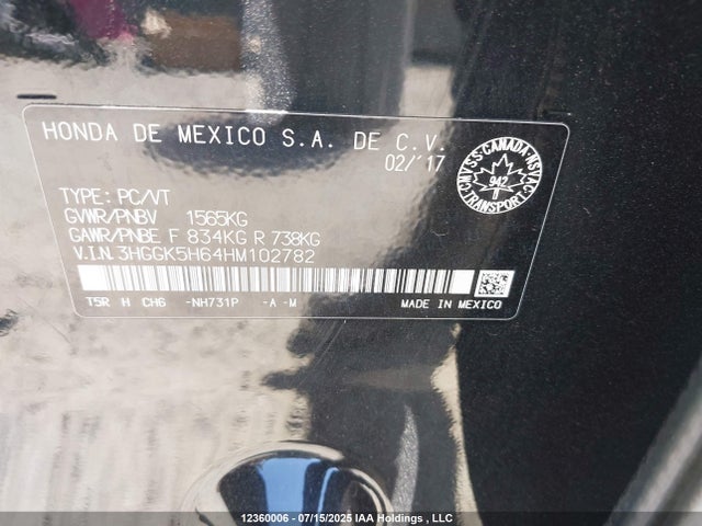 3HGGK5H64HM102782 Honda l15b1/l15b3
