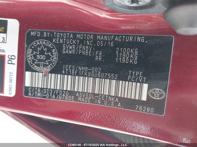 4T1BF1FK9GU607552 Toyota 2ar-fe