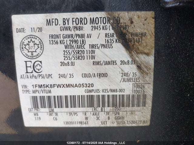 1FM5K8FWXMNA05320 Ford Explorer
