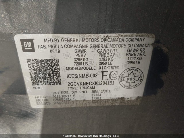 2GCVKNECXK1204151 Chevrolet l83 - di, afm, alum, gen 5, var 1