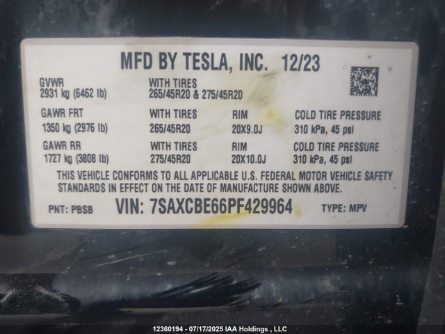 7SAXCBE66PF429964 Tesla MODEL X