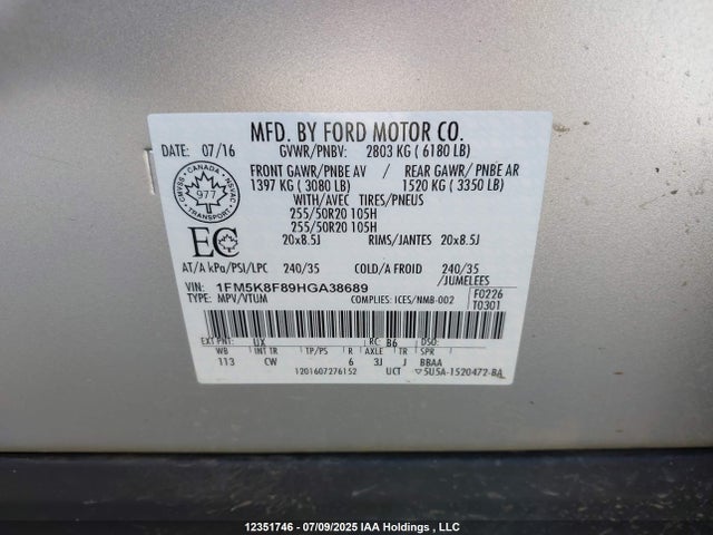 1FM5K8F89HGA38689 Ford 3.5l ti-vct