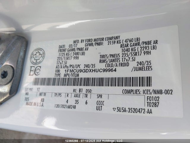 1FMCU9GDXHUC99964 Ford gtdi sigma w/premium fuel
