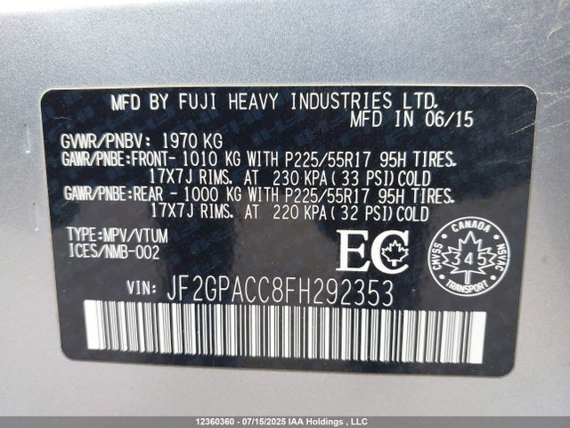 JF2GPACC8FH292353 Subaru 2.0l naturally aapirated