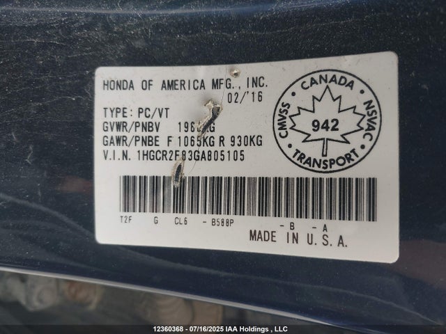 1HGCR2F83GA805105 Honda k24w1