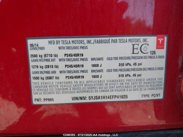 Tesla MODEL S 2014 5YJSA1H14EFP41625 Image 9