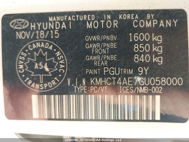 KMHCT4AE7GU058000 Hyundai dohc gdi gamma