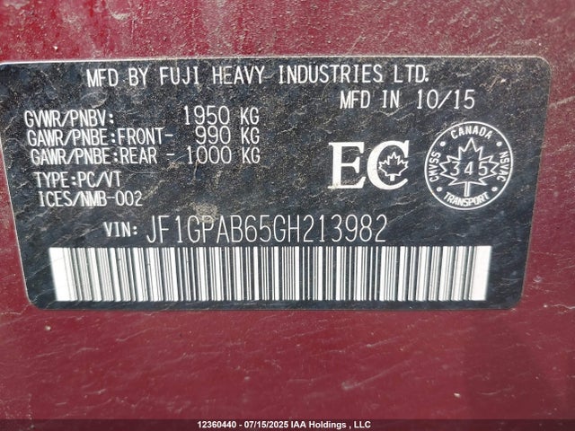 Subaru 2.0l na 2016 JF1GPAB65GH213982 Image 9