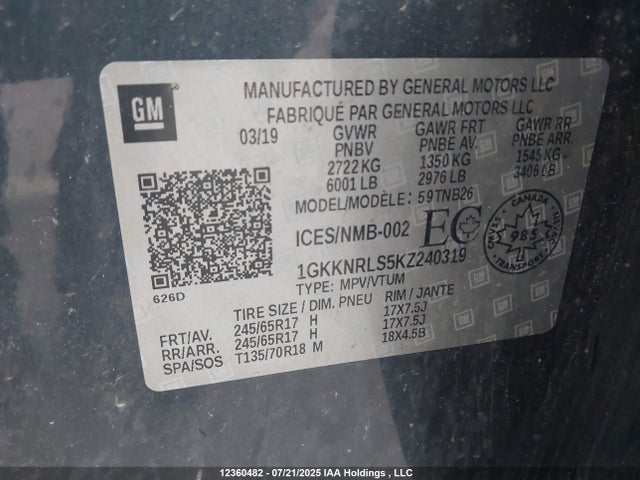 1GKKNRLS5KZ240319 GMC lgx - direct injection, variable valve timing, alum, gen 2