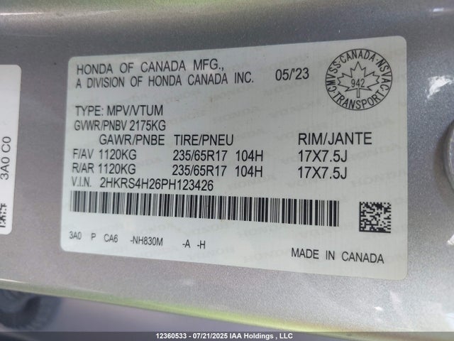 2HKRS4H26PH123426 Honda l15be