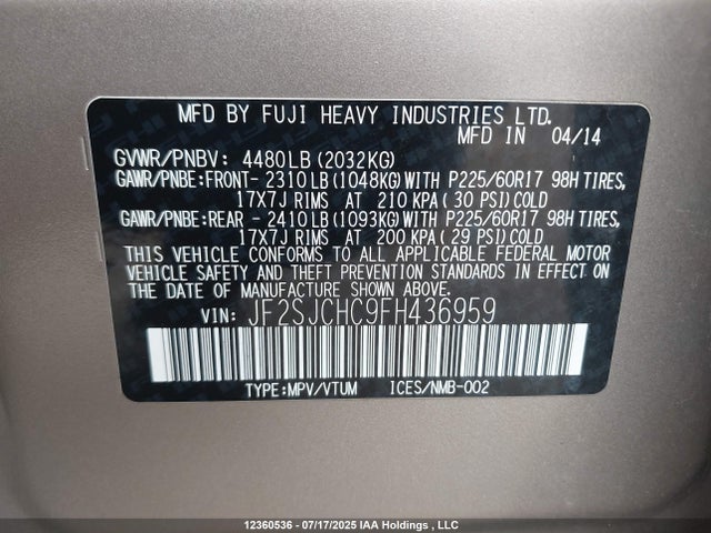 JF2SJCHC9FH436959 Subaru 2.5na c0