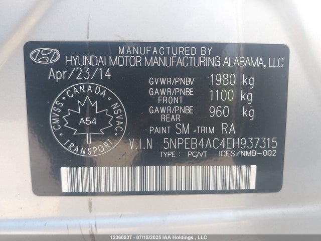 5NPEB4AC4EH937315 Hyundai gamma
