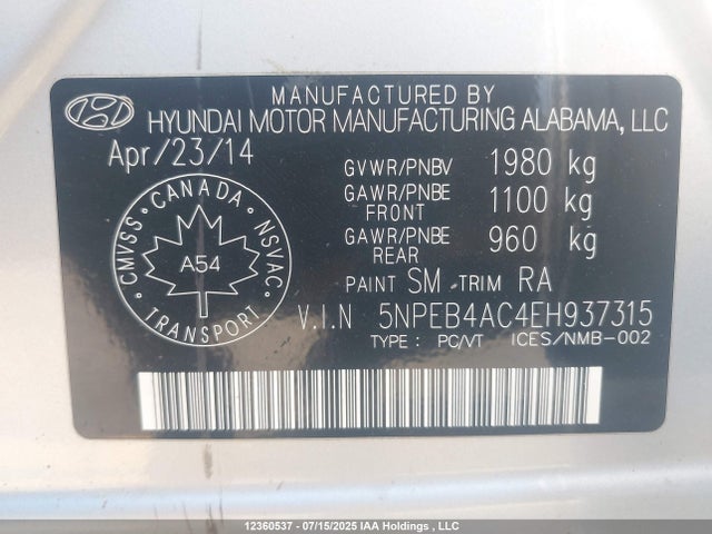 5NPEB4AC4EH937315 Hyundai gamma