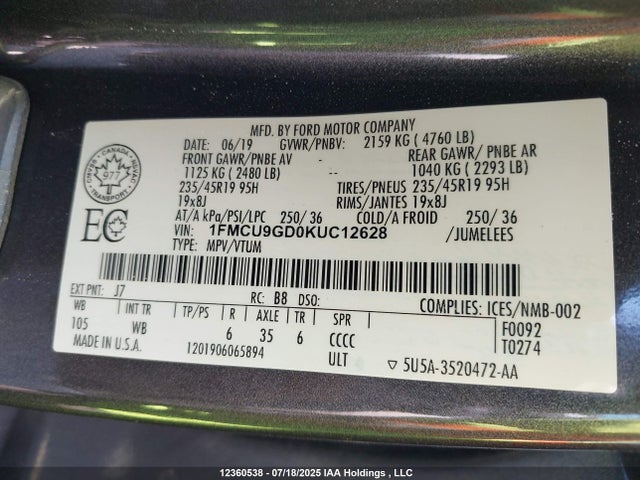 1FMCU9GD0KUC12628 Ford 1.5l gtdi sigma w/premium fuel