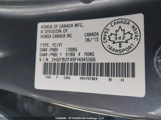 Honda r18z1 2015 2HGFB2F49FH045566 Image 9
