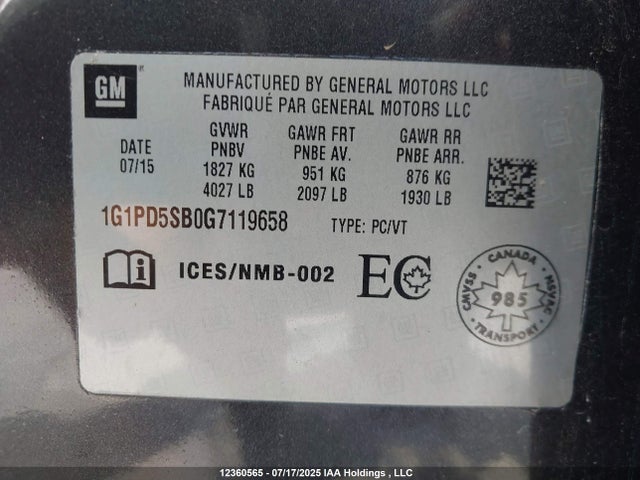 1G1PD5SB0G7119658 Chevrolet luv - vvt, alum, e85 max