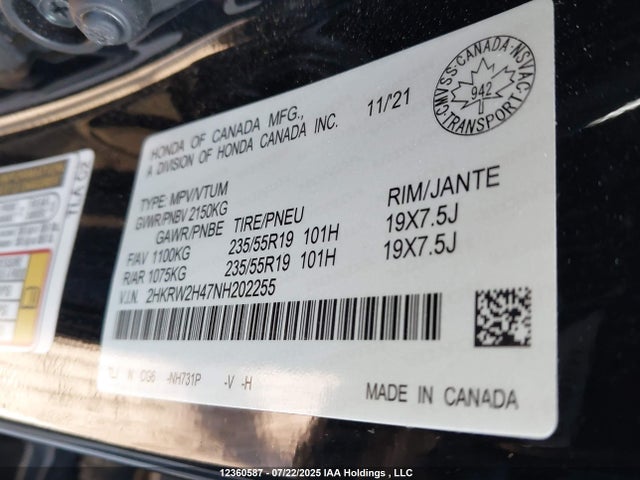2HKRW2H47NH202255 Honda l15be