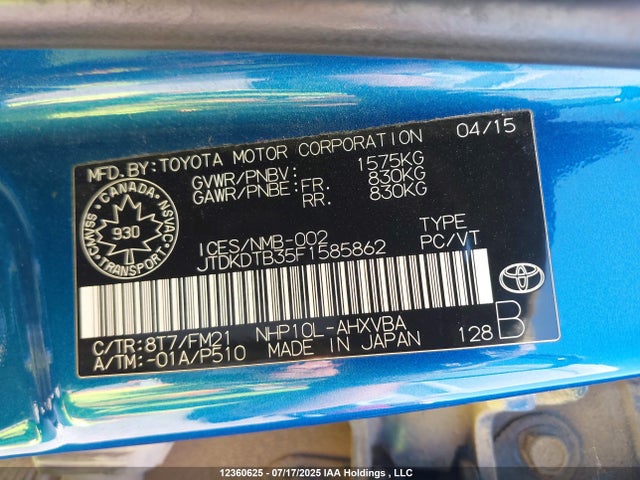 JTDKDTB35F1585862 Toyota 1nz-fxe+1lm