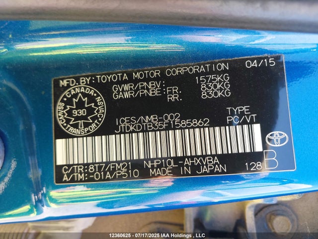 JTDKDTB35F1585862 Toyota 1nz-fxe+1lm
