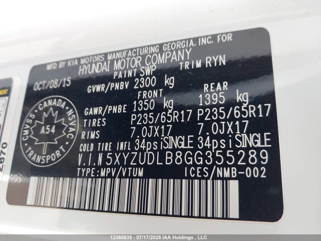 5XYZUDLB8GG355289 Hyundai gdi theta ii