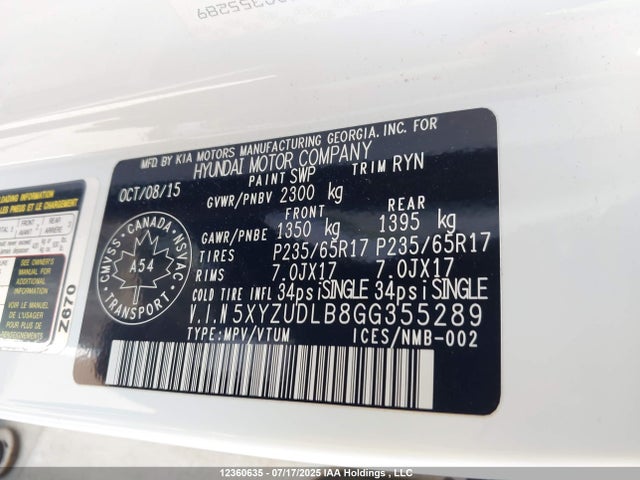 5XYZUDLB8GG355289 Hyundai gdi theta ii